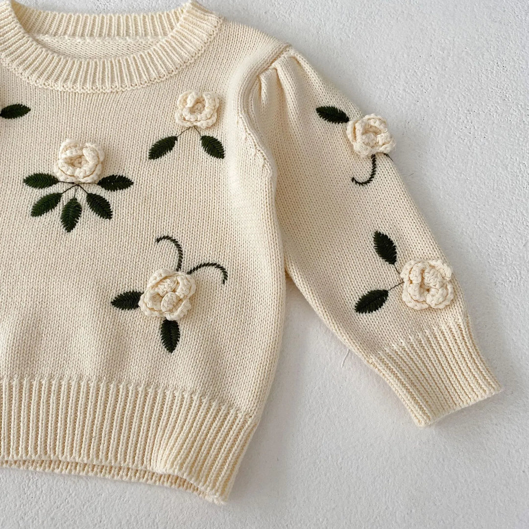 Blossom Babe™ – Floral Embroidered Handmade Baby Pullover