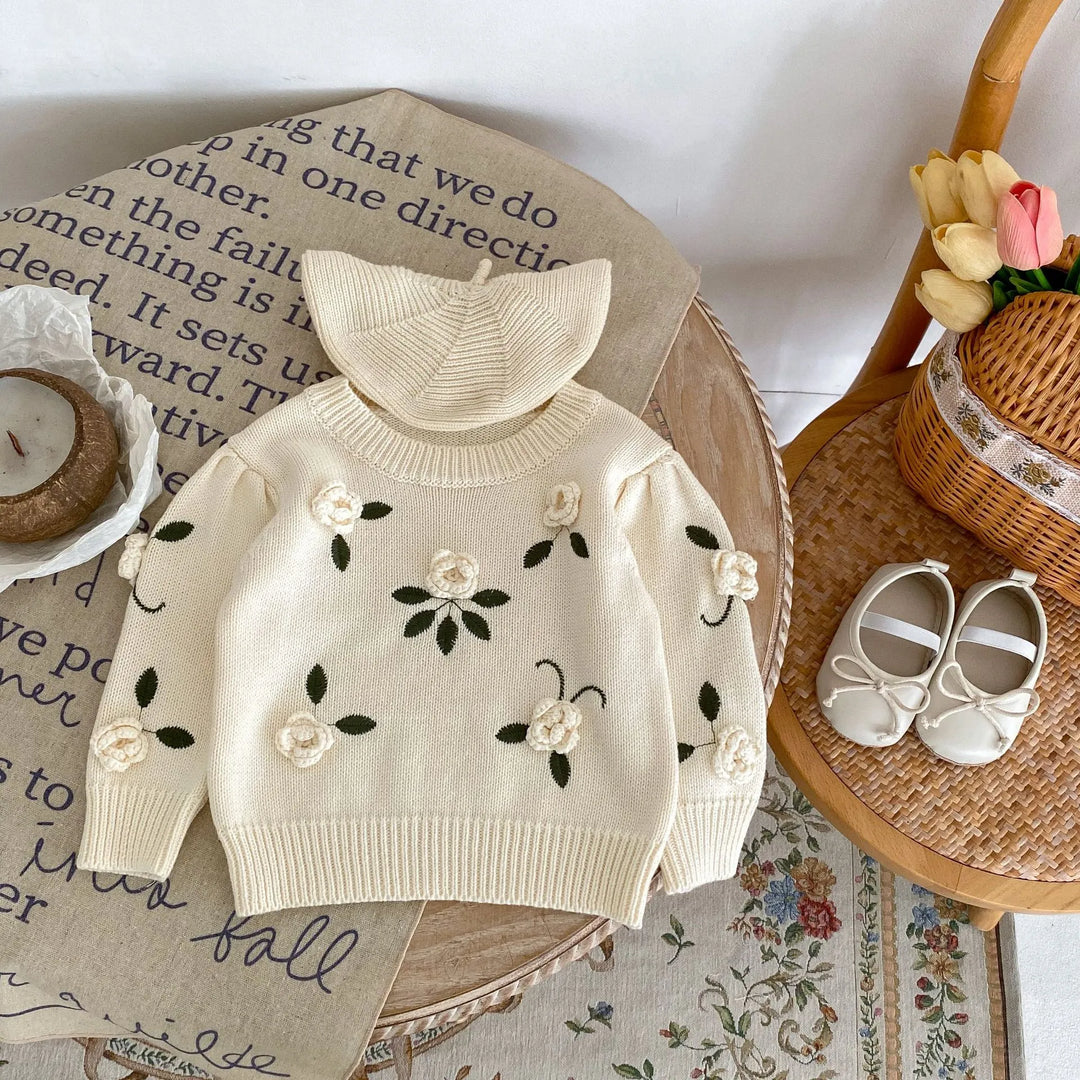 Blossom Babe™ – Floral Embroidered Handmade Baby Pullover